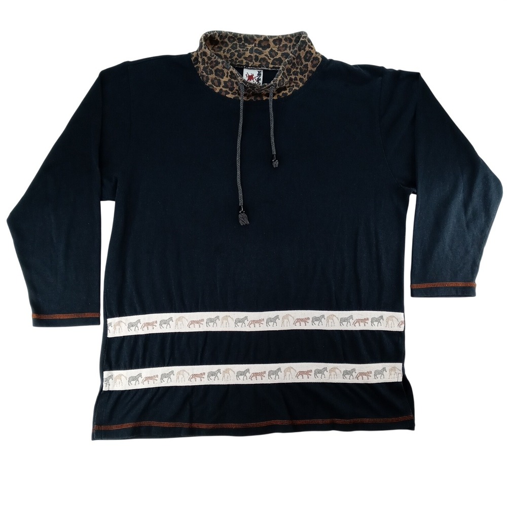 Vintage ENZL Women's Black Leopard Collar Mock Neck Long‎ Sleeve Animal Detail